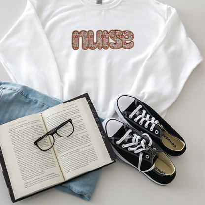 Sweatshirt with Faux Nurse Embroidery Screenprint