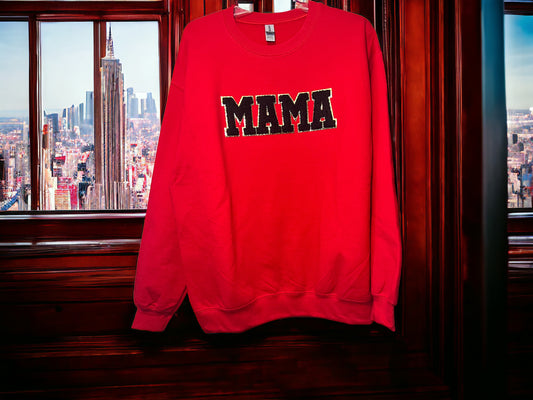 Mama Chenille Patch on Red Sweatshirt