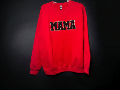 Mama Chenille Patch on Red Sweatshirt